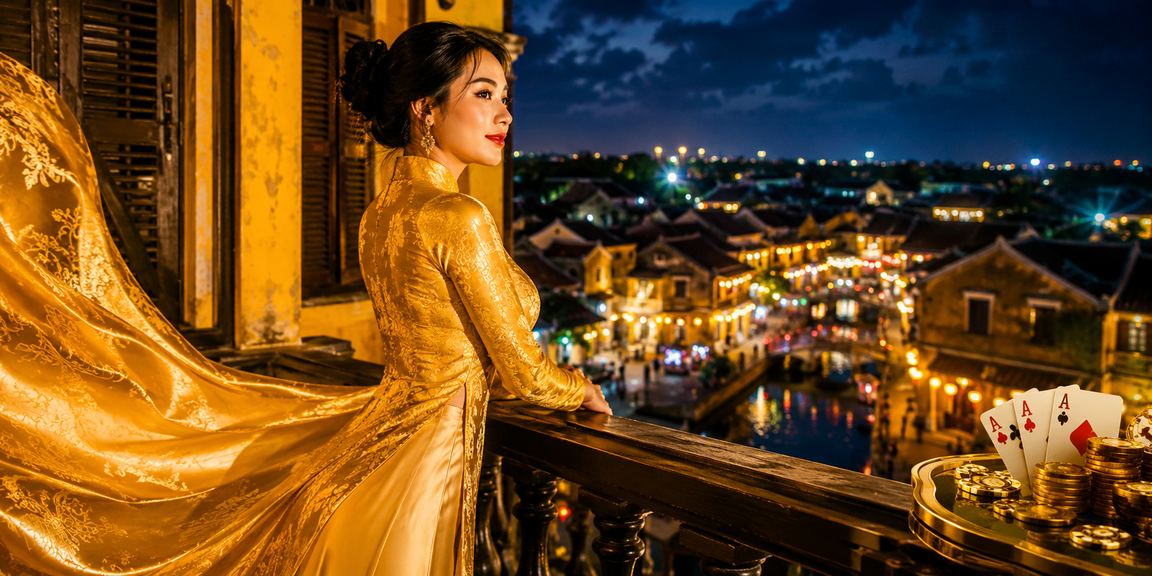 Phụ nữ mặc áo dài tại Hội An tham gia trò chơi bài trực tuyến trên điện thoại