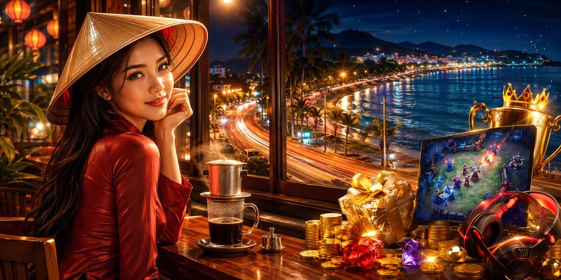 Người đội nón lá tại Mũi Né theo dõi kèo esports trên điện thoại bên bờ biển